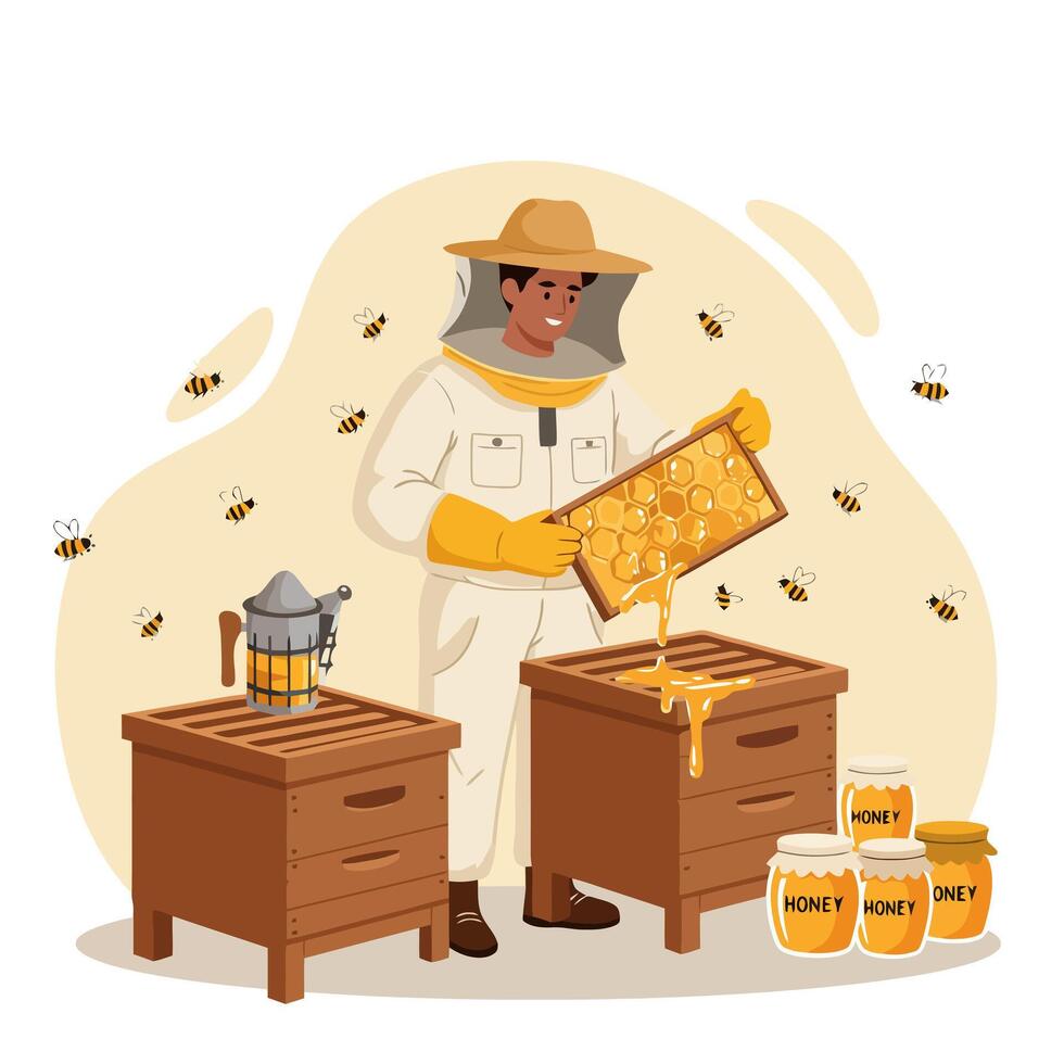 Beekeeper Holding Honeycomb Frame with Bees and Jars of Honey vector