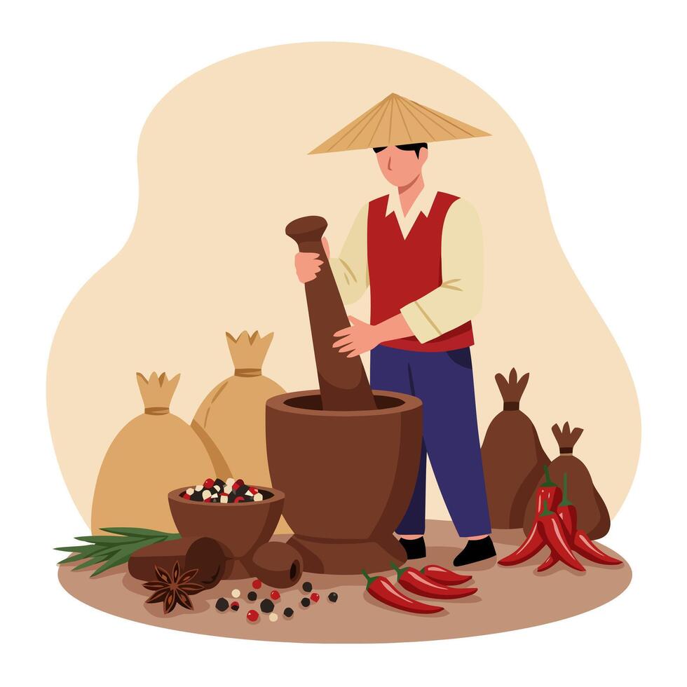 Man Grinding Spices with Mortar and Pestle for Traditional Cooking vector