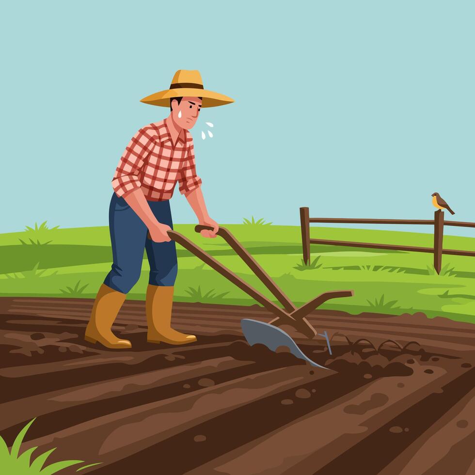 Farmer Plowing Field with Manual Plow During Daytime Farm Work vector