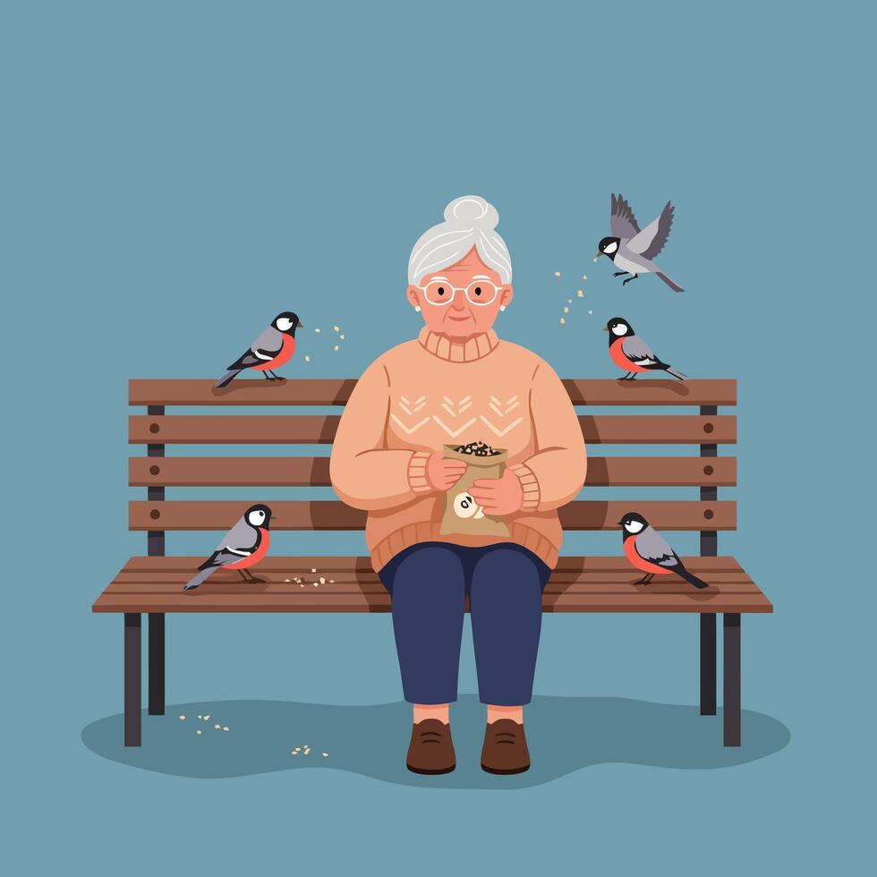 Elderly Woman Feeding Birds on a Bench in a Park vector