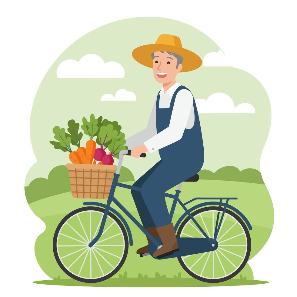 Farmer Riding Bicycle with Fresh Vegetables in Basket on Green Field vector
