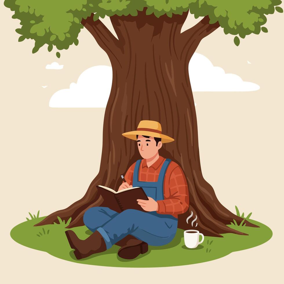 Farmer Sitting Under Tree Writing in Book Enjoying Coffee Break vector
