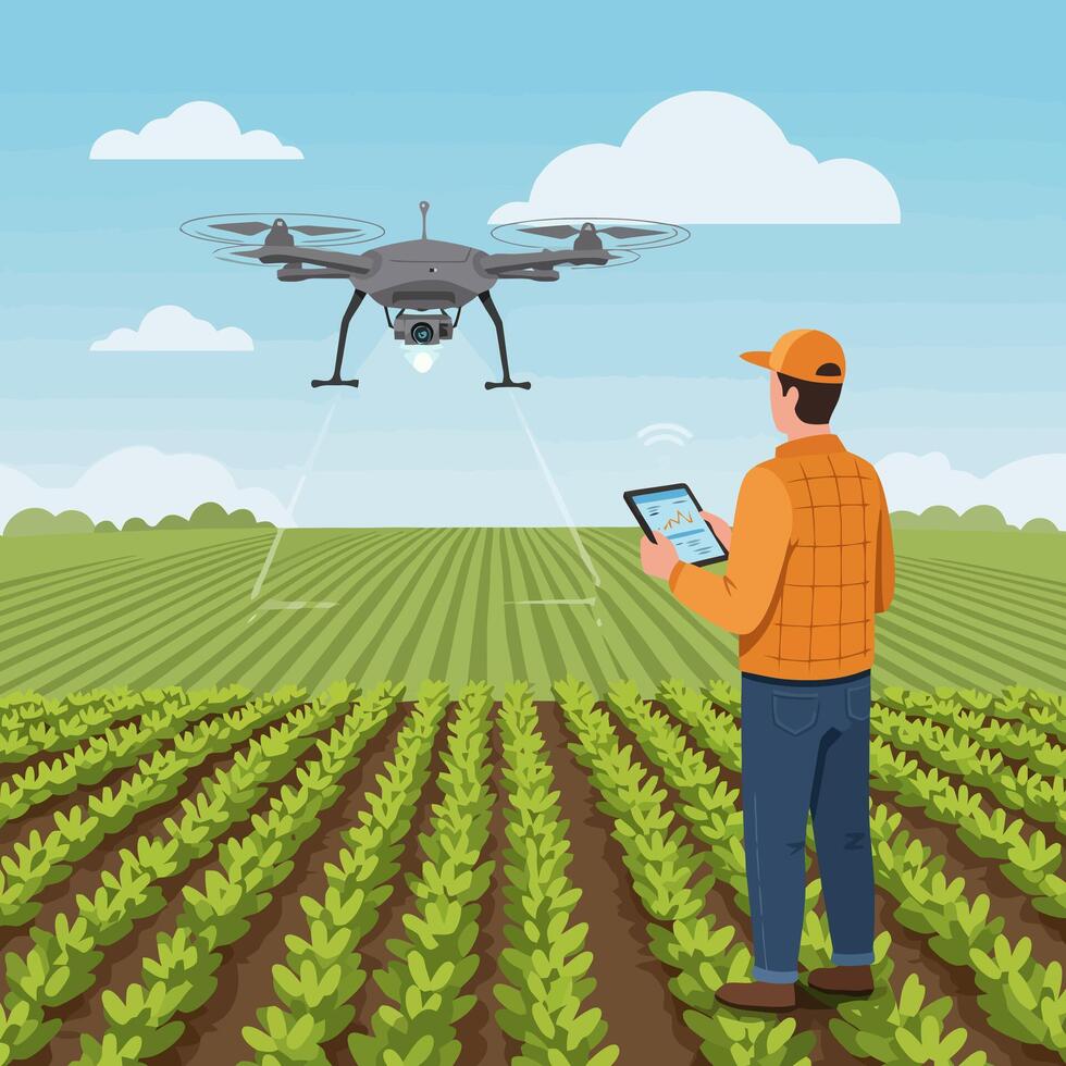 Farmer Using Drone Technology to Monitor Agriculture Field with Tablet vector