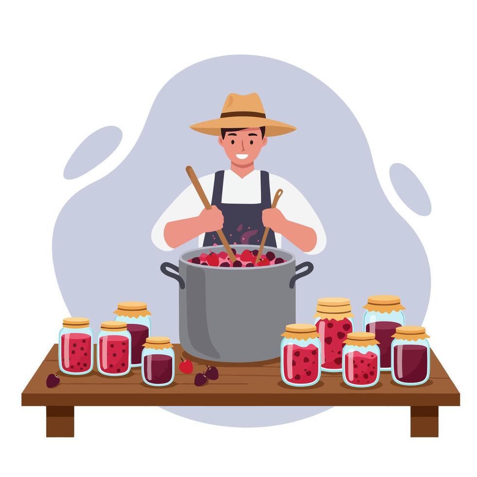 Man Preparing Homemade Fruit Jam with Berries and Cherry on Table vector