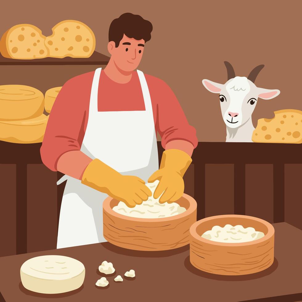 Man Making Cheese with Goat Watching Artisan Food Creation Process vector