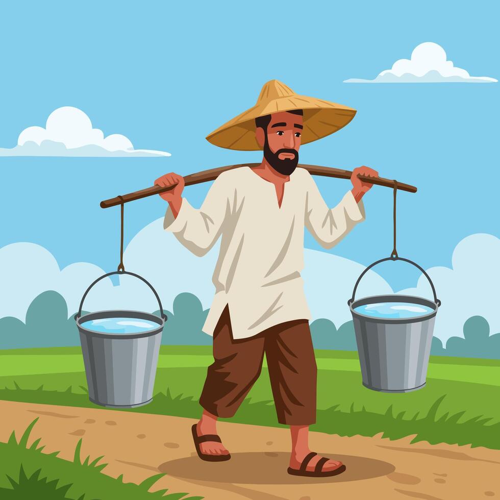 Man Carrying Water Buckets Using Shoulder Pole on Rural Path vector