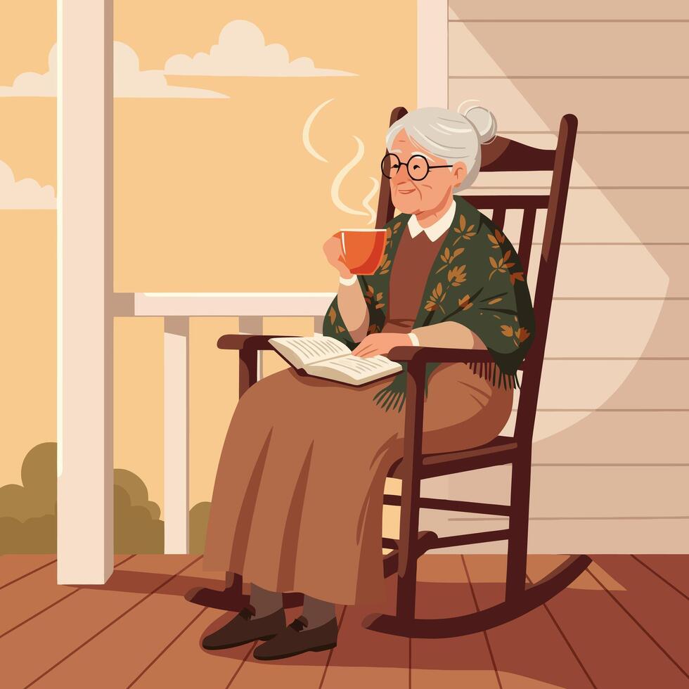 Woman Relaxing with Tea and a Book on Porch in Chair vector
