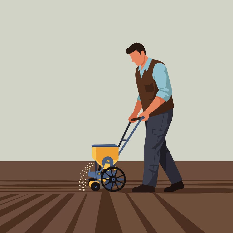 Man Sowing Seeds in Field Using Seeder for Planting Crops vector