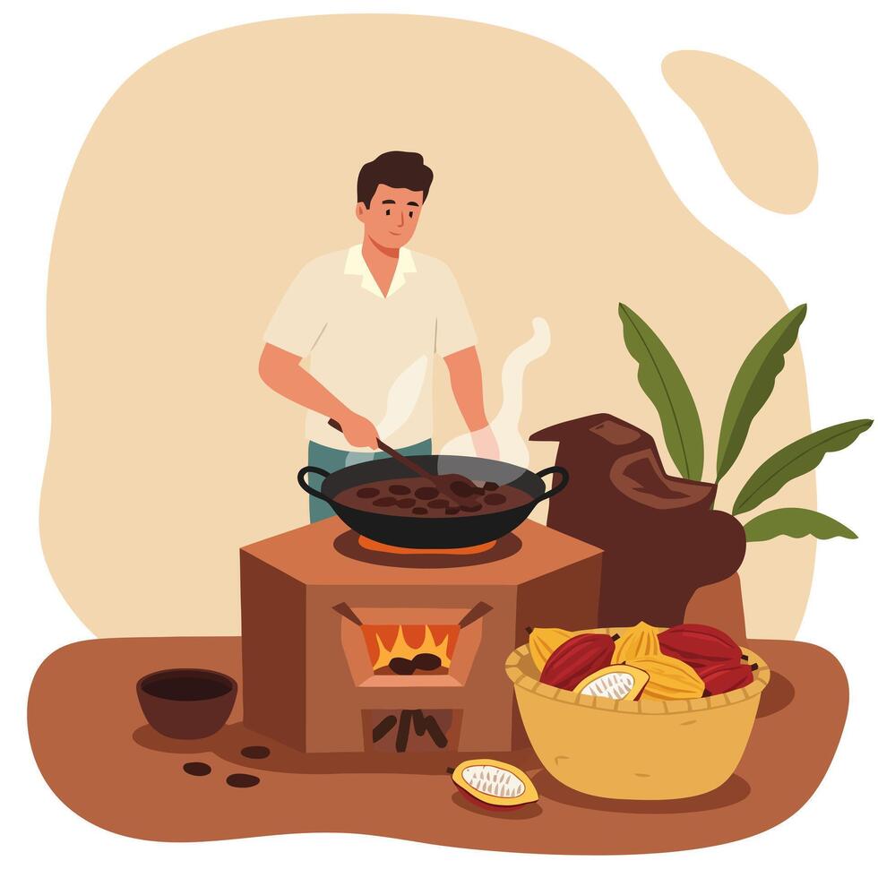 Man Cooking Cacao Beans on Stove with Basket of Cacao Pods vector