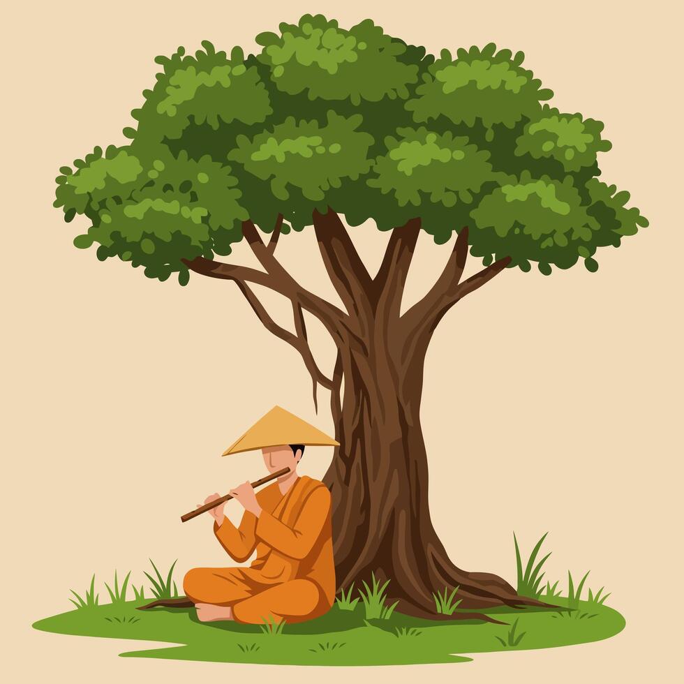Person Playing Flute Under Tree, Serene Illustration for Calm Moments vector