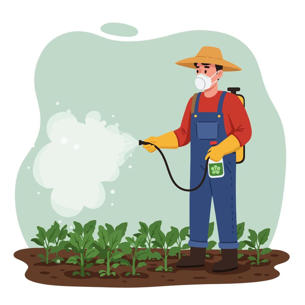 Farmer Spraying Pesticide on Crops in Field with Safety Gear vector
