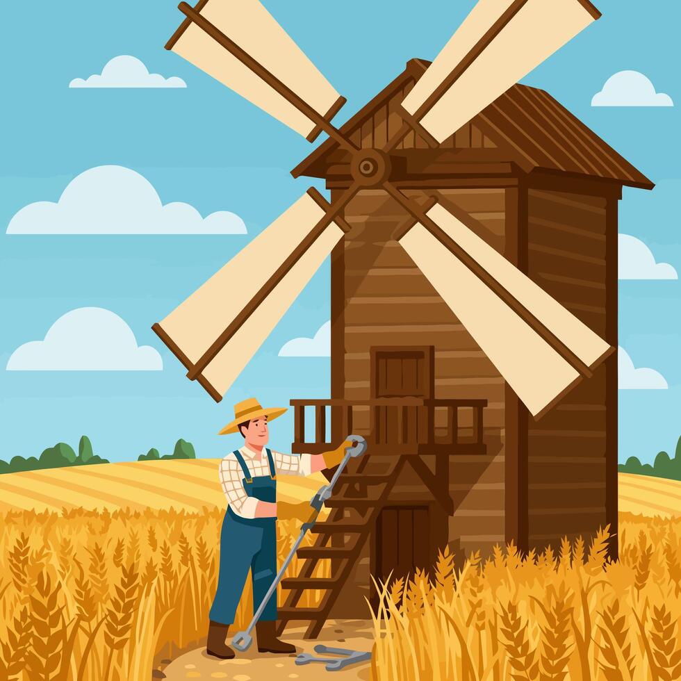 Farmer Repairing Windmill in Wheat Field on Sunny Day Illustration vector