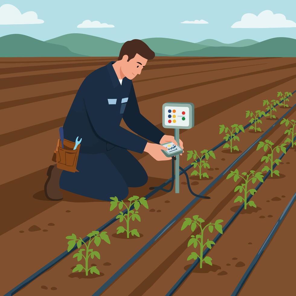 Farmer Checking Irrigation System on Field with Young Plants Growing vector