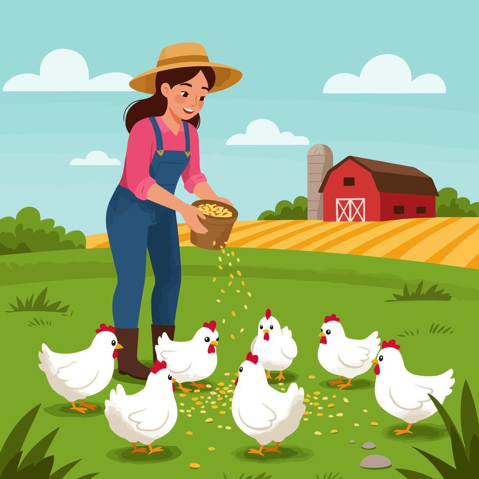 Farmer Feeding Chickens in Rural Scene with Barn and Fields vector