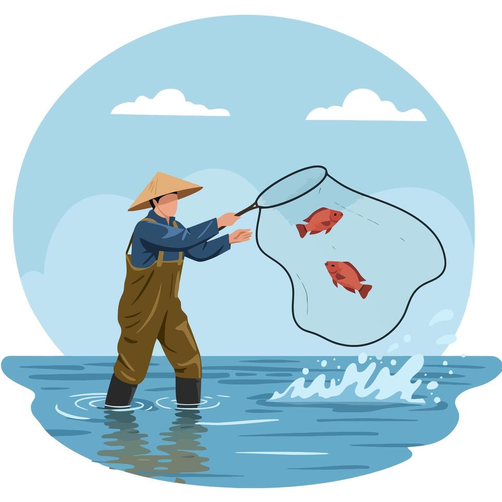 Fisherman Scooping Fish with Net From Water Illustration Art vector
