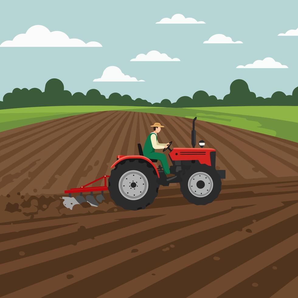 Farmer Driving Tractor Through Field During Plowing Process Agriculture vector