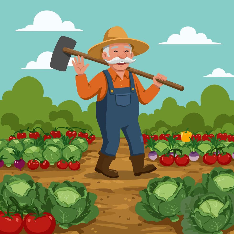Friendly Farmer Walking Through Vegetable Garden with Tool on Shoulder vector