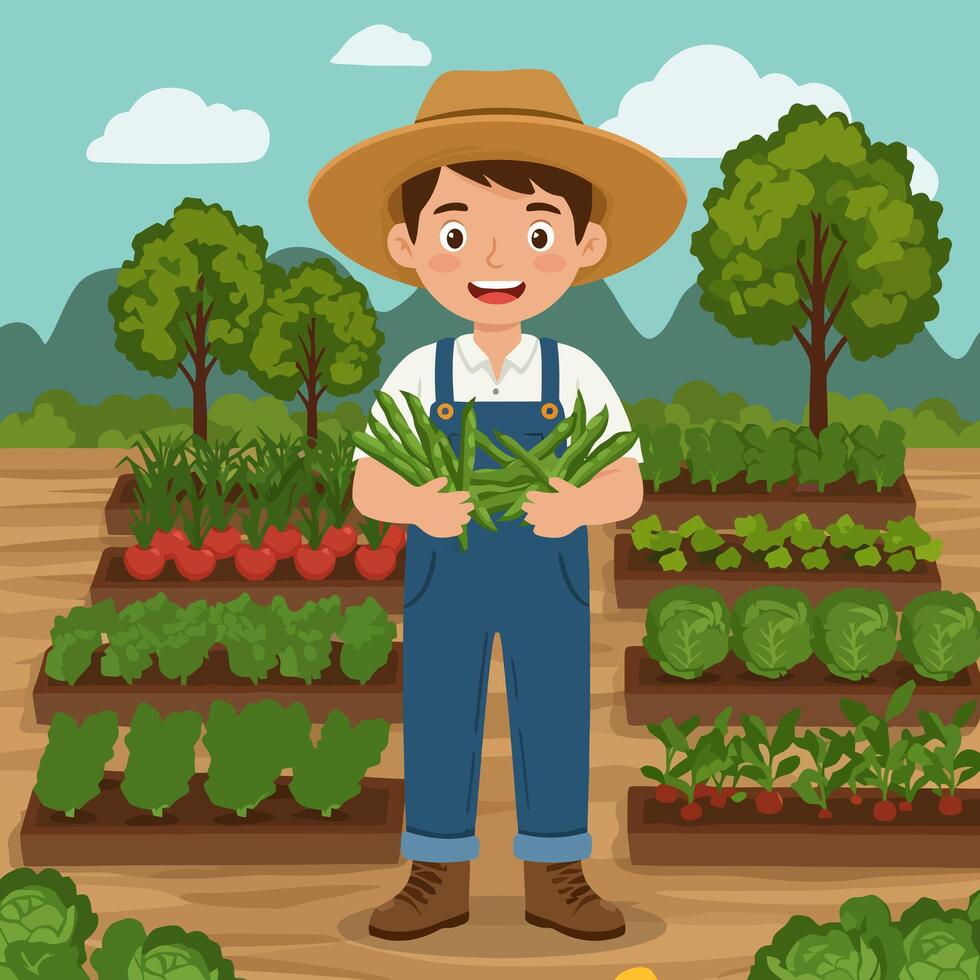 Farmer Holding Green Beans Harvest in Vegetable Garden Illustration vector