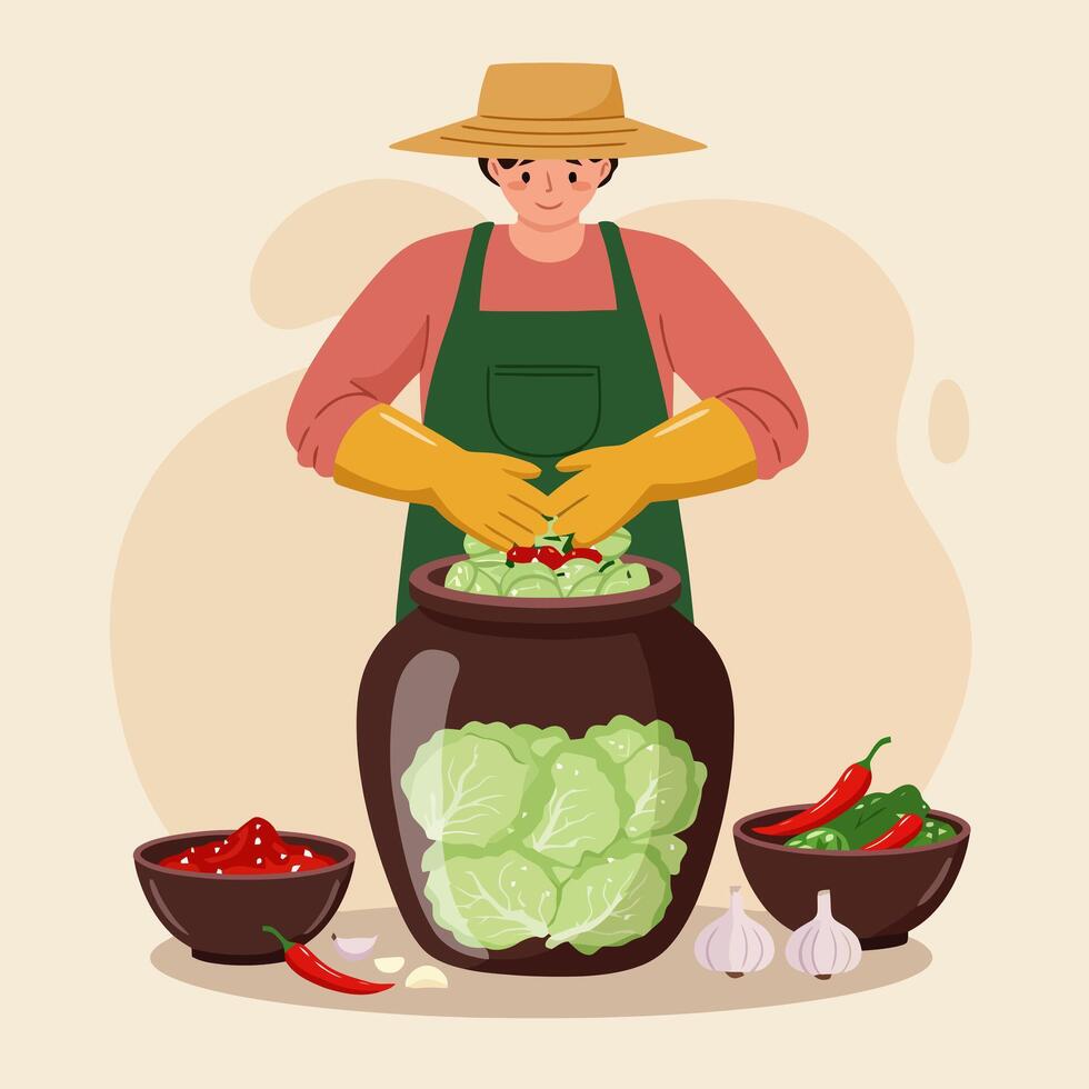 Preparing Traditional Fermented Food with Cabbage and Spices at Home vector