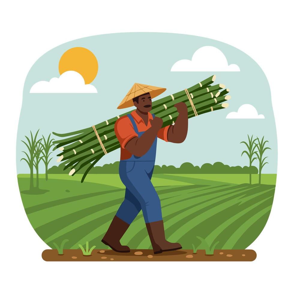 Farmer Carrying Sugarcane Harvest Walking Through Field on Sunny Day vector