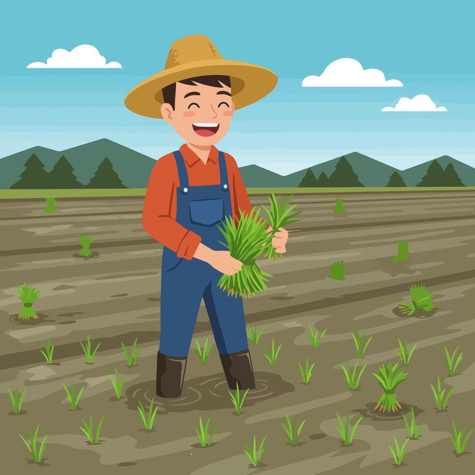 Farmer Planting Rice Seedlings in a Field with Mountains vector