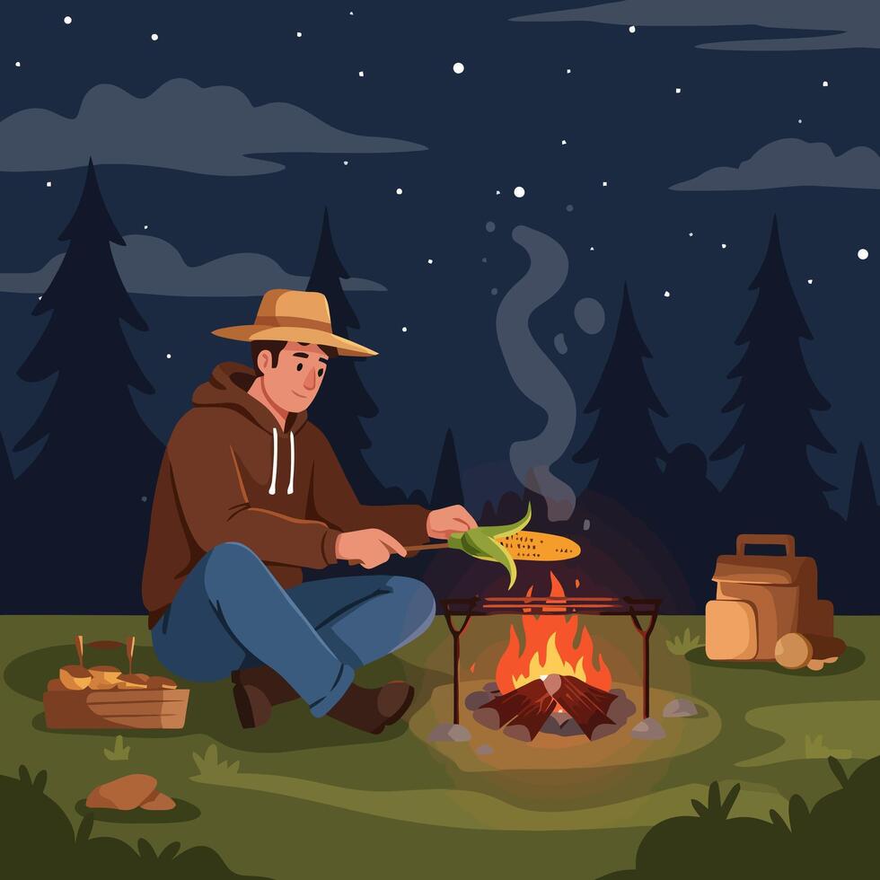 Grilling Corn at Campfire Under Starry Night Relaxing Camping Adventure vector