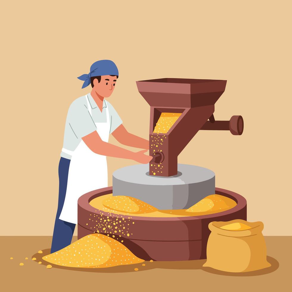 Man Grinding Grain Using Old Mill with Apron and Bandana vector