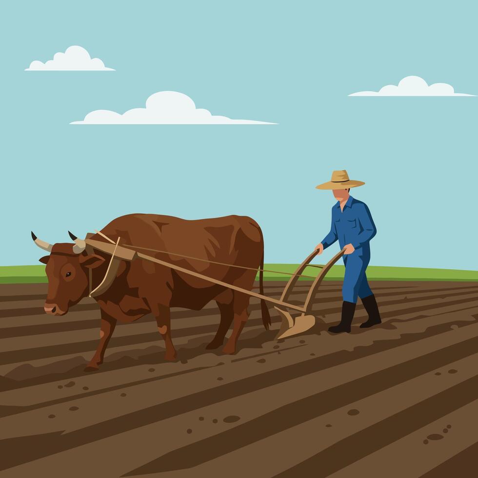 Farmer Plowing Field with Oxen Under Blue Sky Farming Concept vector
