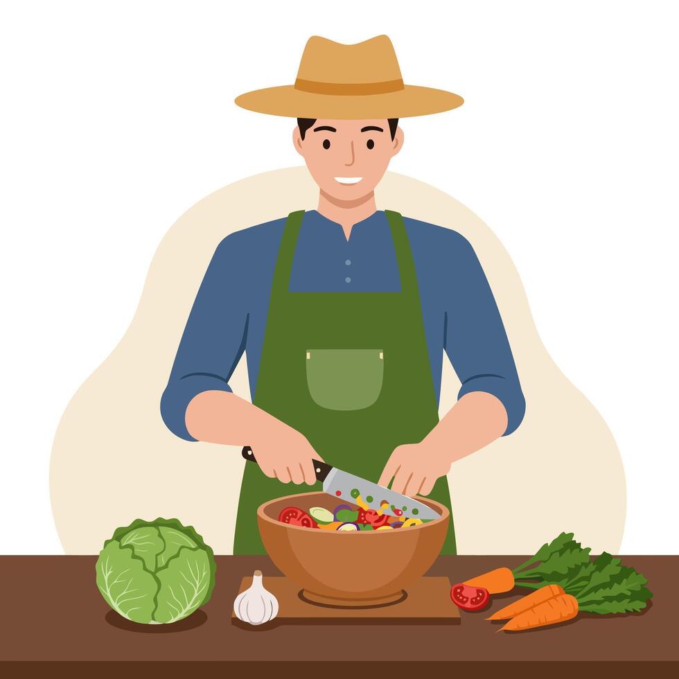 Man Cutting Fresh Vegetables for Healthy Salad Preparation Indoors vector