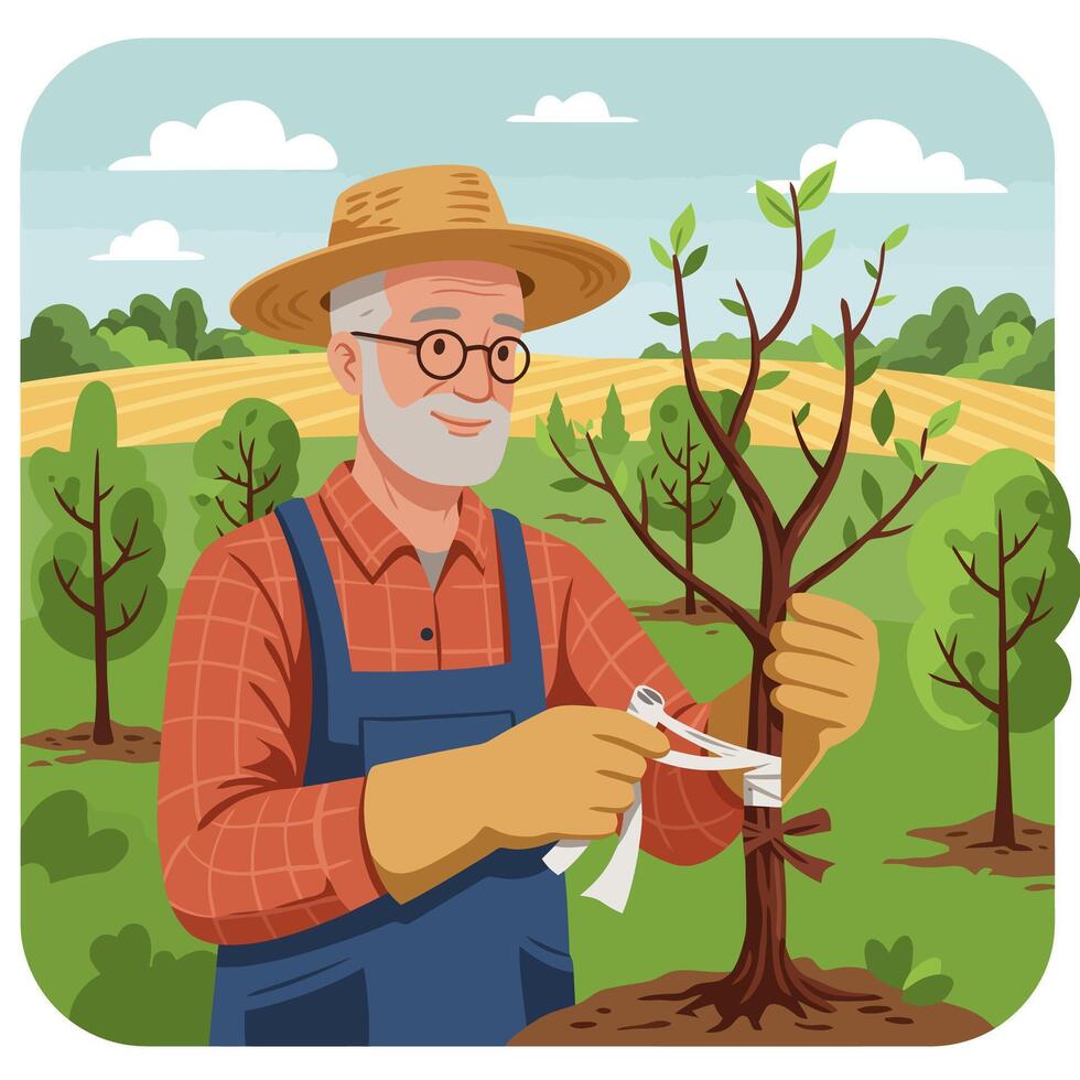 Gardener Tying Young Tree Sapling in Orchard for Healthy Growth vector