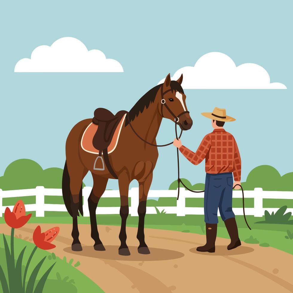 Man Holding Horse Reins on a Dirt Road in the Countryside vector