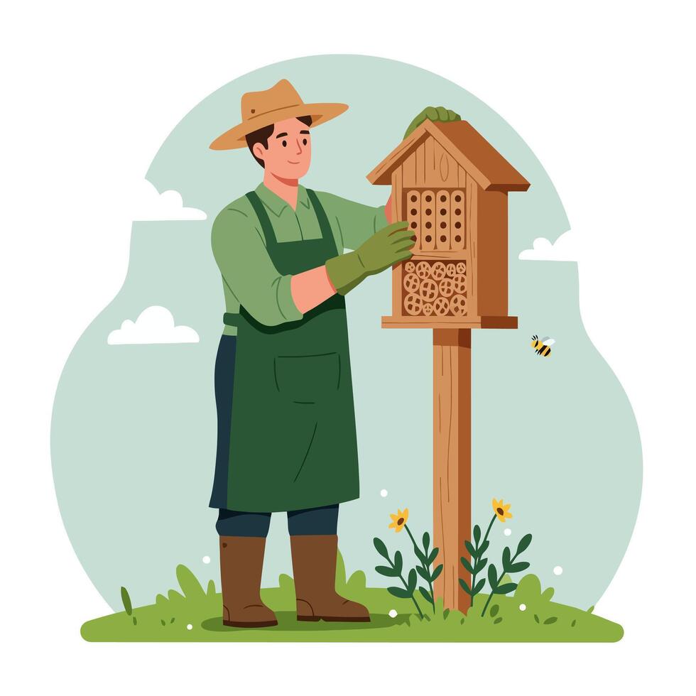 Gardener Installing Bee Hotel in Backyard Pollinator Garden for Wildlife vector