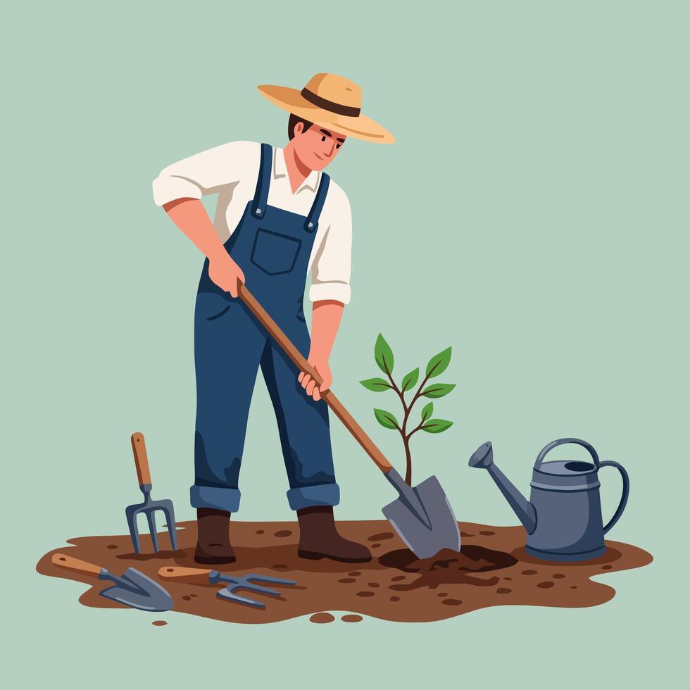 Farmer Planting Young Tree in Soil with Gardening Tools Nearby vector