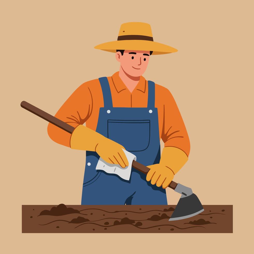 Farmer Cleaning Hoe After Working the Soil in the Garden vector