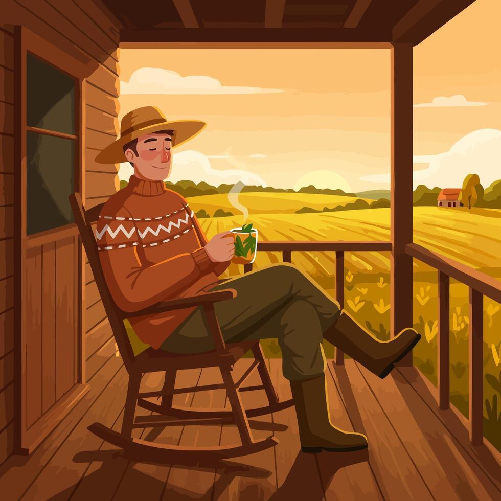 Man Relaxing with Hot Drink on Porch Overlooking Golden Fields vector