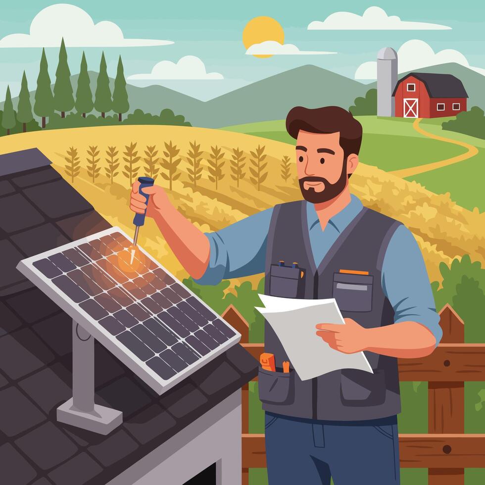 Technician Inspecting Solar Panel on Roof with Countryside Background vector