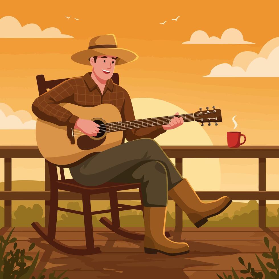 Man Plays Guitar on Porch Enjoying Sunset with Drink vector