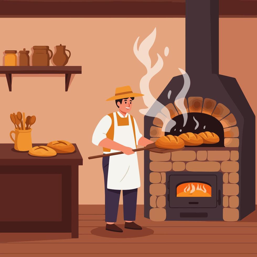 Baker Baking Bread in Stone Oven with Long Handled Shovel vector