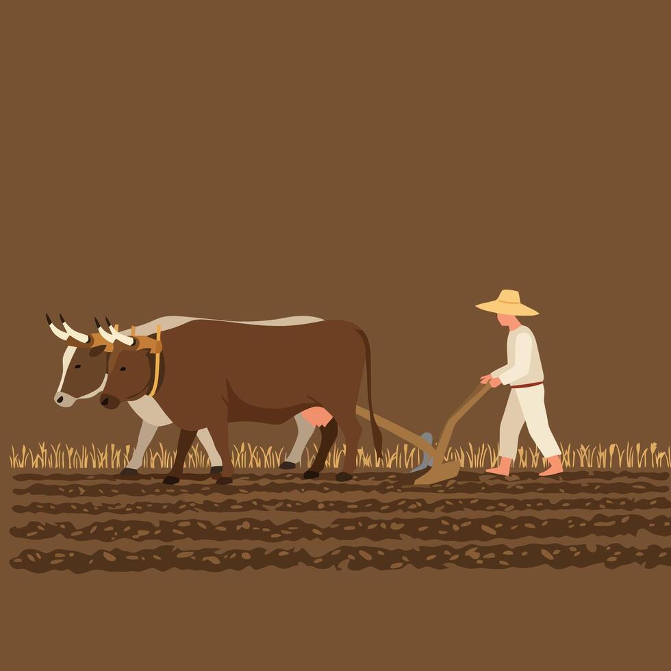 Cows Plowing Field with Farmer Agriculture Scene Rural Farming Concept vector