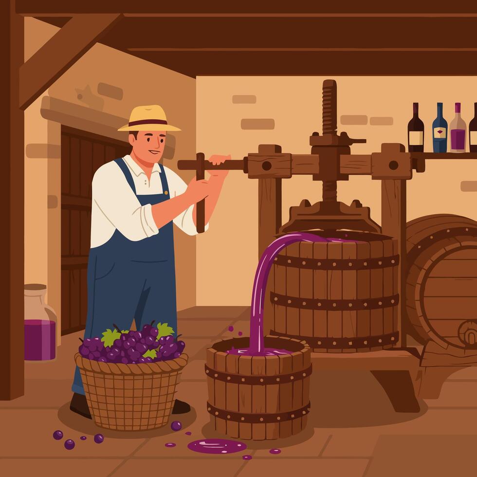 Man Crushing Grapes for Wine Production with Wooden Press vector