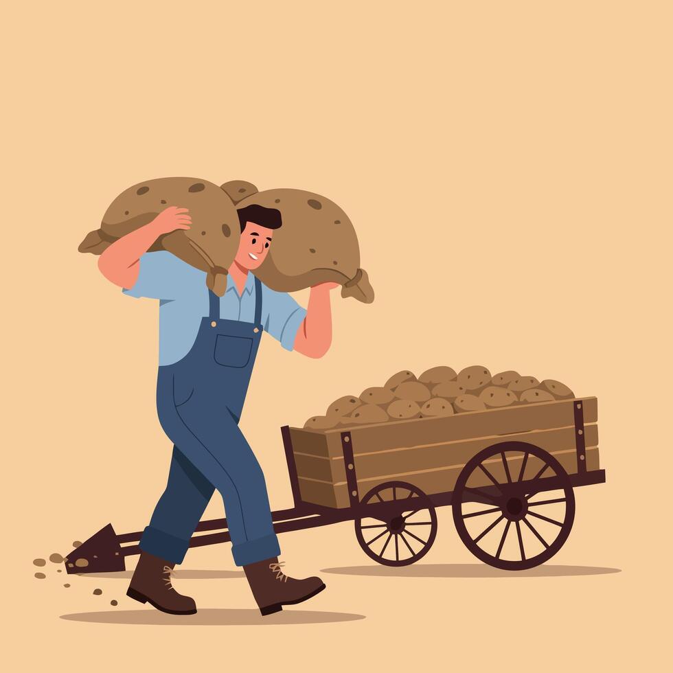 Farmer Carrying Potato Sacks and Cart with Potatoes in Farm vector
