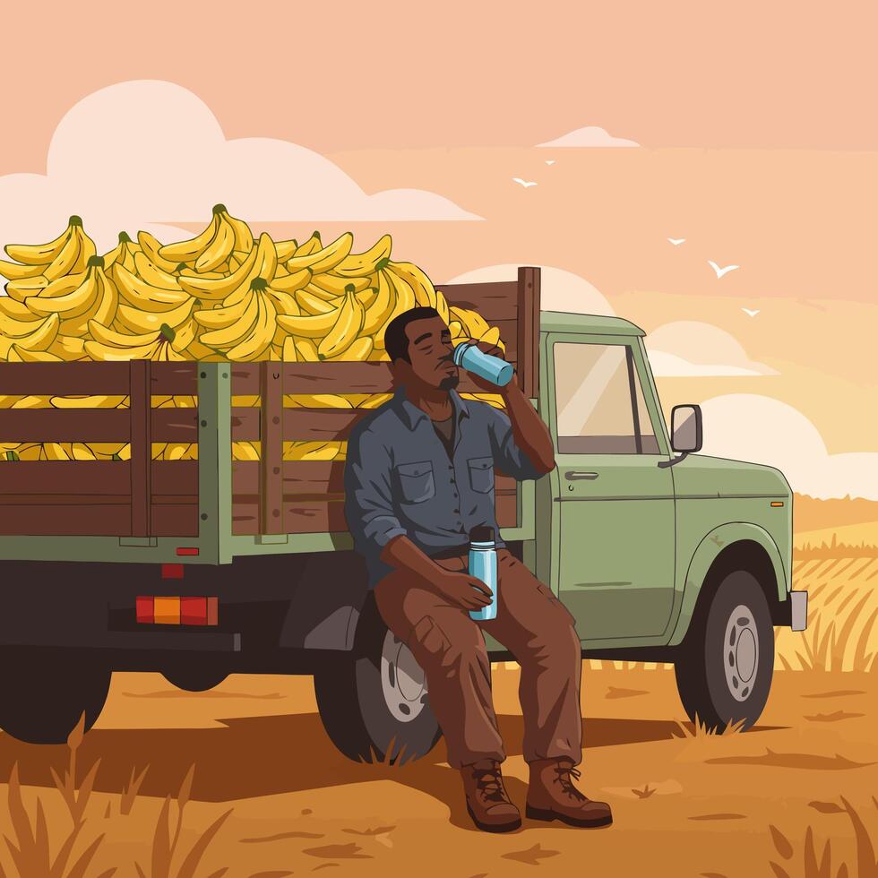 Farmer Drinking Water on Truck with Bananas Relaxing After Harvest vector