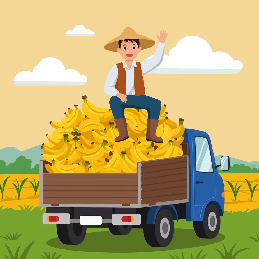 Farmer Rides Truckload of Bananas Waving Happy Harvest Illustration vector
