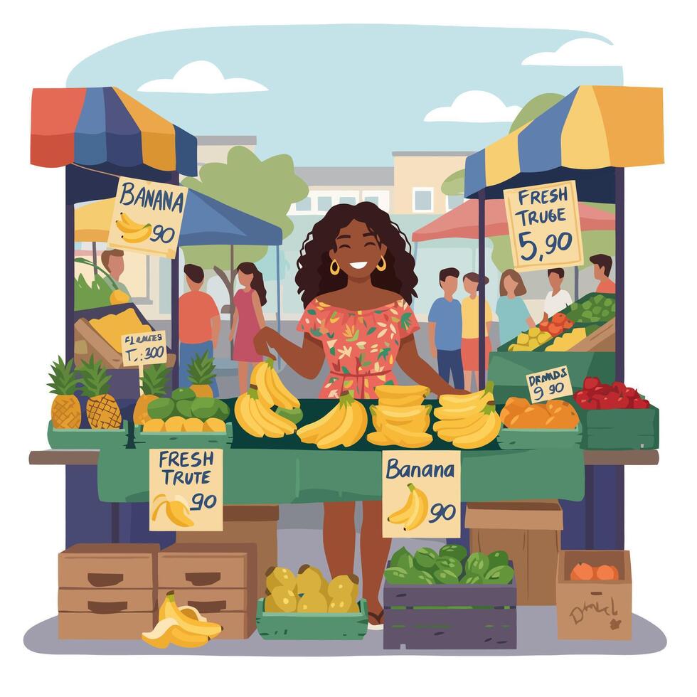 Smiling Vendor Selling Fresh Fruits at an Outdoor Market Stall vector