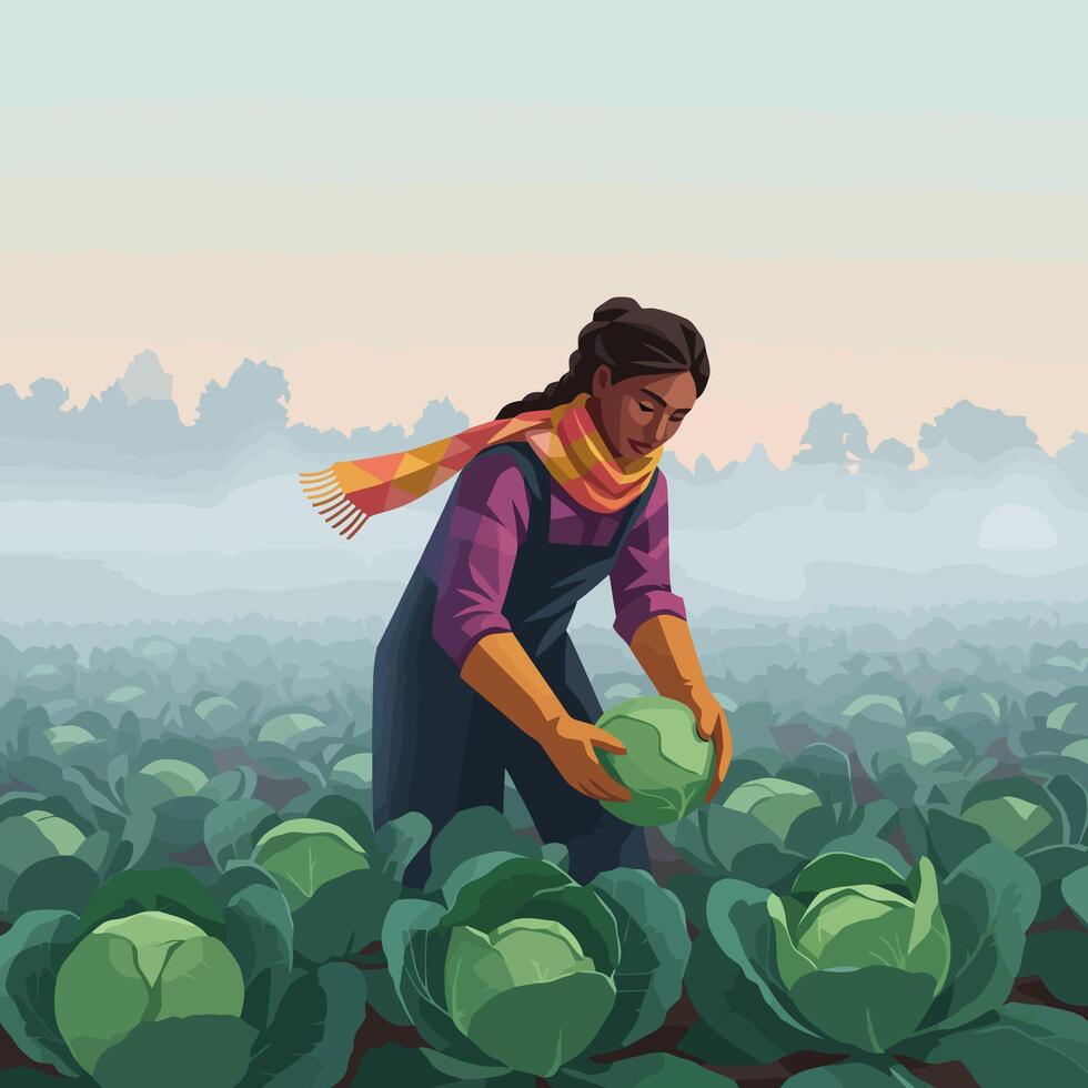 Woman Harvesting Cabbage in Field Early Morning Rural Farming Scene vector
