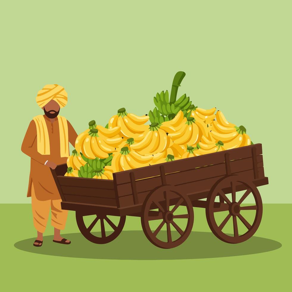 Farmer Pushing Cart Full of Ripe and Unripe Bananas vector