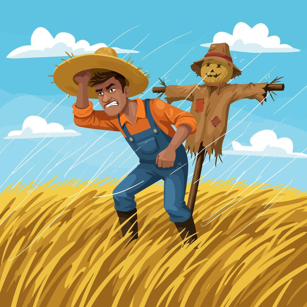 Farmer Struggles Against Rain with Scarecrow in Field Cartoon Illustration vector