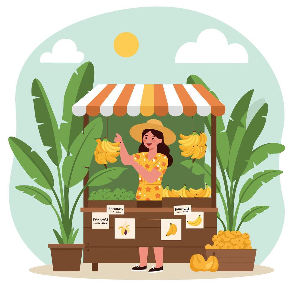 Woman Selling Bananas at Market Stand with Tropical Plants Around vector