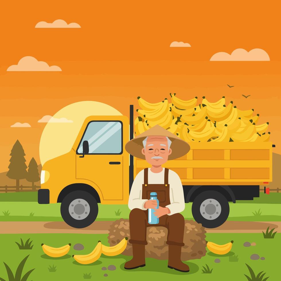 Farmer Resting with Banana Truck at Sunset After Harvest vector