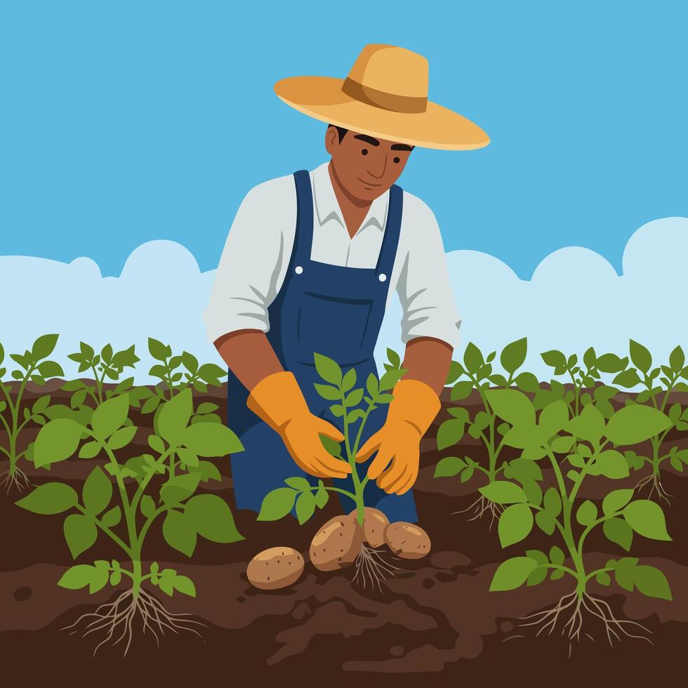 Farmer Planting Potato Crop in the Field Under a Sunny Sky vector